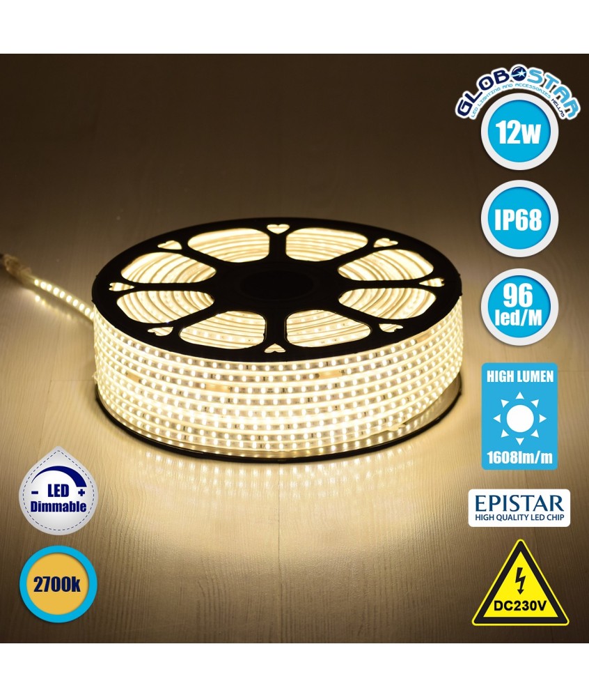 GLOBOSTAR® EPISLIM 70502 Ταινία LED 12W-m 1080lm-m 120° DC 220-240V Αδιάβροχη IP65 96 x SMD2835 Chip-m Θερμό Λευκό 2700K Dimmable - Epistar SMD Chip - Μ100 x Π1 x Υ0.5cm - 3 Χρόνια Εγγύηση